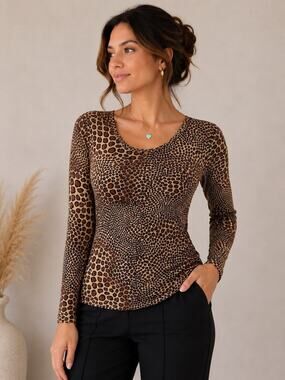 Norma Kamali Leopard Print Stretch Top Long Sleeve Size Large Designer Luxury